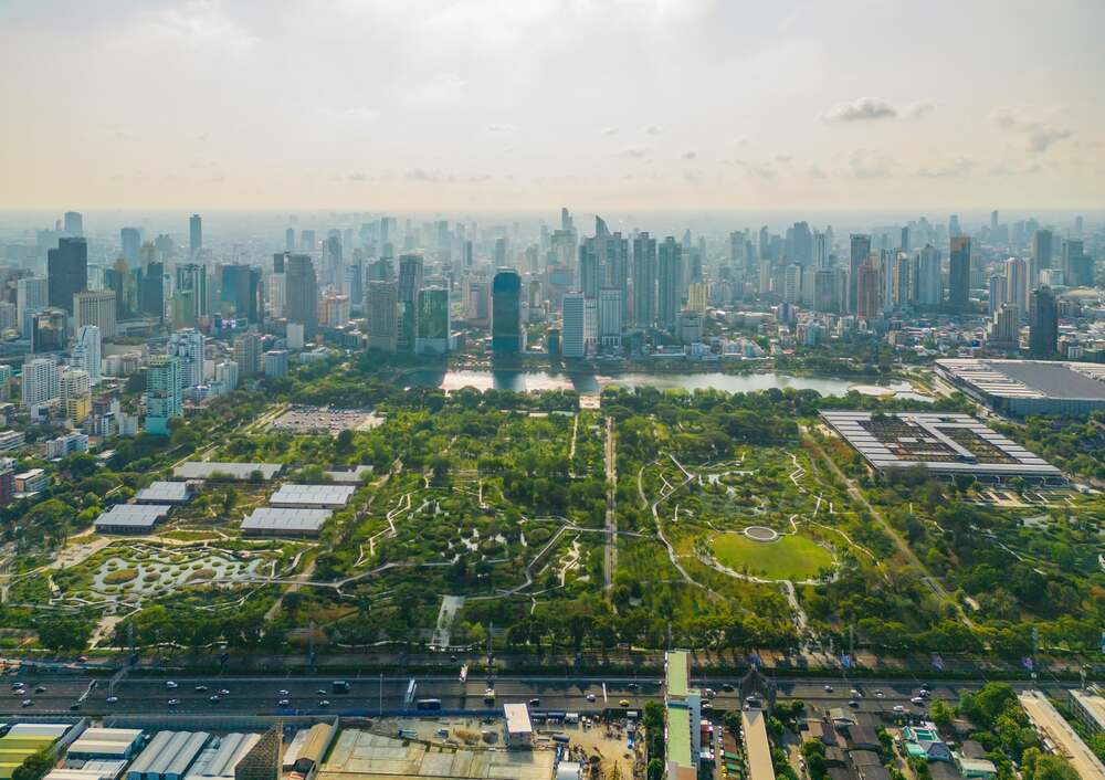 Aerial view of Bangkok’s business districts and parks