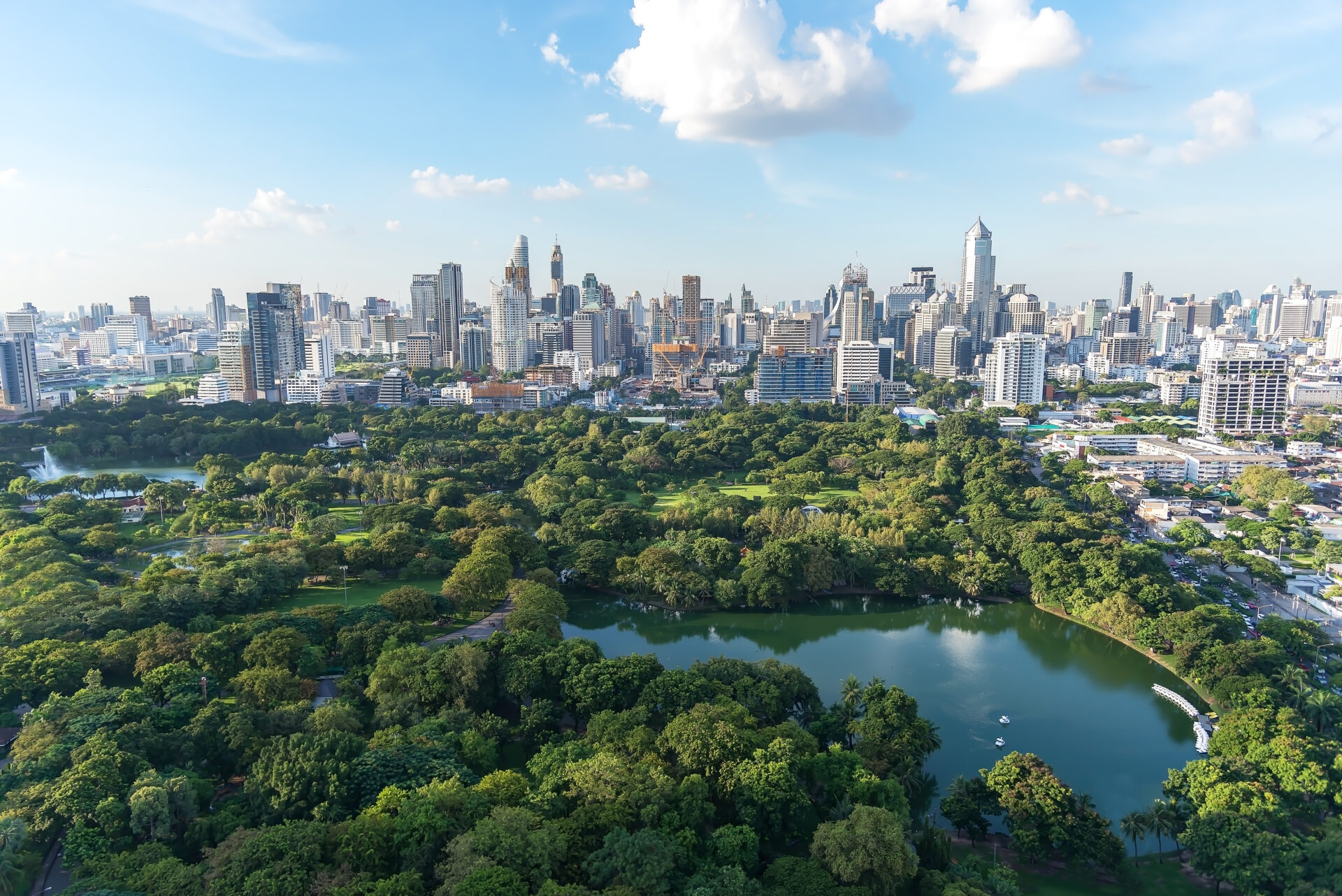 Aerial view of the lake Lumpini park in Sathorn facing North